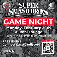 FSU and FUEL logos are shown. Text states: Super Smash Bros. game night. Characters from Smash Bros. game are shown.