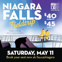 Am illustration of two people in yellow raincoats on a bridge looking at Niagara Falls. The FSU logo is shown. text states, Niagara Falls field trip