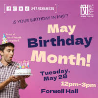 Photo of a man wearing a party hat and holding a cake with candles. Text includes: It's Your Birthday Month! Student Centre. The FSU logo is shown.