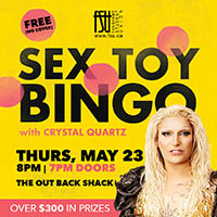 FSU logo. Photo of Crystal Quartz. Text includes Sex Toy Bingo with Crystal Quartz. Over $300 in prizes. In The Out Back Shack. Free. No cover.