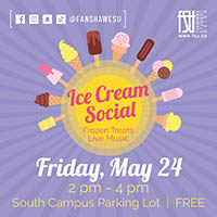 Illustrations of frozen treats. The FSU logo is shown. Text states: Ice Cream Social. Frozen Treats. Live Music. South Campus Parking lot.