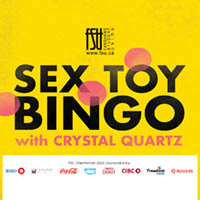 Bright yellow poster advertising Sex Toy Bingo event hosted by Fanshawe Student Union with Crystal Quartz, featuring sponsor logos at the bottom.