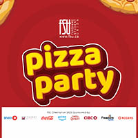 An illustration of pizzas. The FSU logo is shown. Text in the image states: Pizza Party.