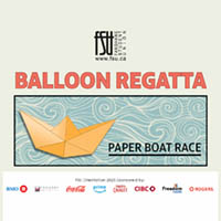Fanshawe Student Union Balloon Regatta event featuring a paper boat race with a stylized orange paper boat on a swirling blue background.