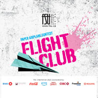 Graphic for FSU's Flight Club paper airplane contest with a blue paper plane and pink paint splatter on a textured white background.