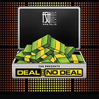 Open silver briefcase filled with green and yellow money bundles, labeled FSU presents Deal or No Deal against a dotted orange and black background.