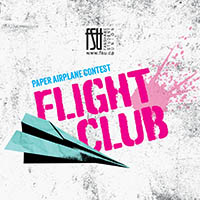Blue paper airplane flying against a textured white background with bold pink text reading Flight Club and smaller blue text Paper Airplane Contest.