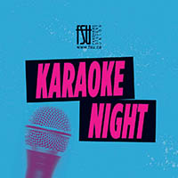Microphone image with bold pink text reading Karaoke Night on a blue textured background, promoting a singing event.
