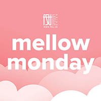 Soft pink clouds fill the background with bold white text reading mellow monday centered in the image.