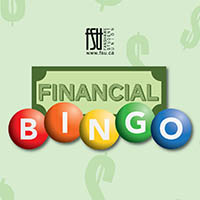 Colourful bingo balls spelling BINGO in front of a stylized dollar bill with the word FINANCIAL, set against a light green background with dollar signs.