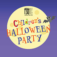 Colourful text reading Children's Halloween Party over a large yellow moon with a cute cartoon bat flying nearby against a purple night sky.