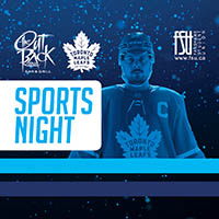 Toronto Maple Leafs hockey player in full gear with the letter C on a jersey against a blue starry background promoting Sports Night.
