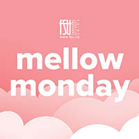 Soft pink clouds fill the background with bold white text reading mellow monday centered in the image.