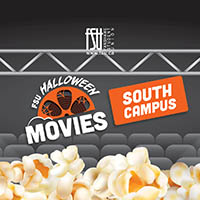 FSU Halloween Movies event promotion with popcorn and theater seats under spotlights at South Campus.