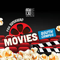 Red theatre seats with spotlights shining and popcorn scattered, promoting FSU Superhero Movies at South Campus.