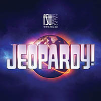 Jeopardy logo with a glowing Earth in the background against a dark blue cosmic sky.