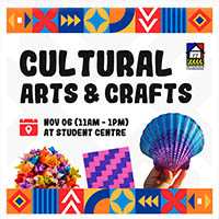 Poster announcing a Cultural Arts and Crafts event on November 6 from 11 a.m. to 1 p.m. in the Student Centre with a colourful fan image.