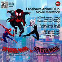 Poster for Fanshawe Anime Club's Spider-Man movie marathon on Nov 14, featuring Miles Morales and Gwen Stacy Spider-Man characters.