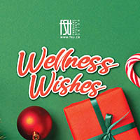 Festive arrangement with a red gift box tied with green ribbon, candy canes, a red ornament, and pine branches on a green background with Wellness Wishes text.