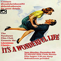 Poster for FSU Film Club screening of It's a Wonderful Life on December 8 at 5:00 p.m. in SC2012/SC2014 with refreshments provided.