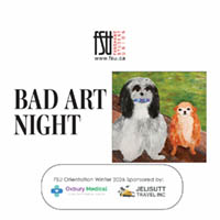 Painting of a black and white dog holding a blue bone and an orange monkey sitting on a wooden surface with a green background. Text states Bad Art Night and Winter 206 Orientation sponsored by Oxbury Medical and Jelisutt Travel Inc