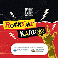 Rockstar Karaoke event poster with a hand making the rock sign and lightning bolts on a red and black background.