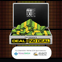 An illustration of a steel briefcase full of cash. The FSU and Deal Or No Deal logos are shown. Text states: Win up to $500. The FSU presents Deal Or No Deal.