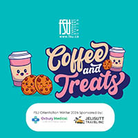 Colourful graphic with the phrase Coffee and Treats, alongside smiling coffee cups and chocolate chip cookies on a teal background.