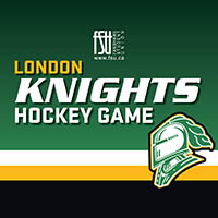 Graphic promoting the London Knights hockey game with the team's knight helmet logo on a green background.