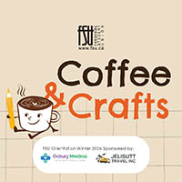 Illustration of a smiling coffee cup holding a pencil next to the text Coffee & Crafts on a beige background with FSU logo above.