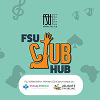 FSU Club Hub logo with a raised hand integrated into the word Club on a teal background with various icons.