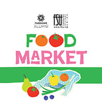 Colourful graphic promoting a Fanshawe Alumni Food Market with illustrations of fresh fruits and vegetables on a white background.