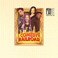 Four people framed in an ornate gold picture frame with the bold red text Comedy Railroad below them on a beige patterned background.