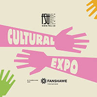 Colourful hands reaching towards each other with Cultural Expo text in bold pink bands on a light background.
