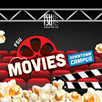 Red theater seats with popcorn scattered and a film reel promoting FSU Movies at Downtown Campus.