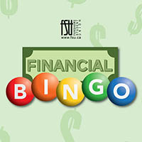 Colourful bingo balls spelling BINGO in front of a stylized dollar bill with the word FINANCIAL, set against a light green background with dollar signs.