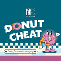 Cartoon pink frosted donut with sprinkles waving beside the phrase Donut Cheat promoting academic integrity.