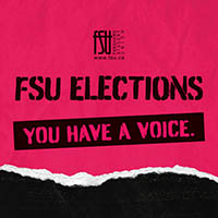 Bold pink and black graphic promoting FSU Elections with the message You have a voice.