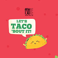 Smiling taco cartoon with speech bubble saying Let's Taco Bout It! on a red background with lime slices, chili, and tortilla chips.