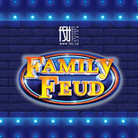 Brightly lit Family Feud logo against a dark blue brick wall with glowing blue lights framing the scene.