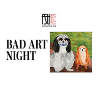 Painting of a black and white dog holding a blue bone and an orange monkey sitting on a wooden surface with a green background. Text states Bad Art Night.