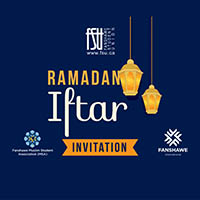 Invitation graphic for Ramadan Iftar hosted by Fanshawe Muslim Student Association and Fanshawe College with hanging lanterns on a dark blue background.