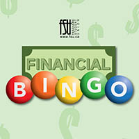 Colourful bingo balls spelling BINGO in front of a stylized dollar bill with the word FINANCIAL above, set against a light green background with dollar signs.