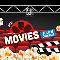 Red theater seats with popcorn scattered and a film reel promoting FSU Movies at South Campus.