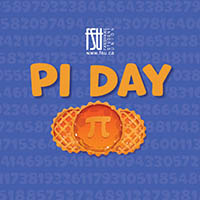 Orange text PI DAY above two waffles with a pi symbol on a blue background filled with digits of pi.