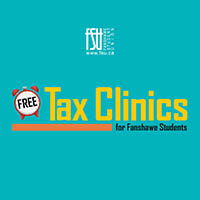 An illustration of a clock is displayed. Text states: Community Volunteer Income Tax Program (CVITP) Free Tax Clinics for Fanshawe students.