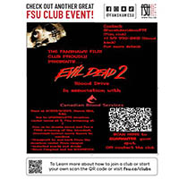 FSU Film Club presents Evil Dead 2 Blood Drive in partnership with Canadian Blood Services, encouraging blood donations with event details and QR code.