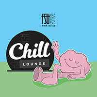 Illustration of a relaxed pink brain character lying on grass, flashing a peace sign next to a black circle with text stating Chill Lounge. The FSU logo is also shown.