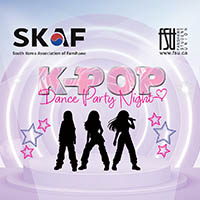 Silhouettes of three dancers in front of a glowing circle with pink stars and K-POP Dance Party Night text.