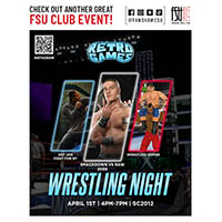 Promotional poster for FSU Wrestling Night featuring Retro Games with characters from Def Jam Fight for NY, Smackdown vs Raw 2008, and Wrestling Empire.
